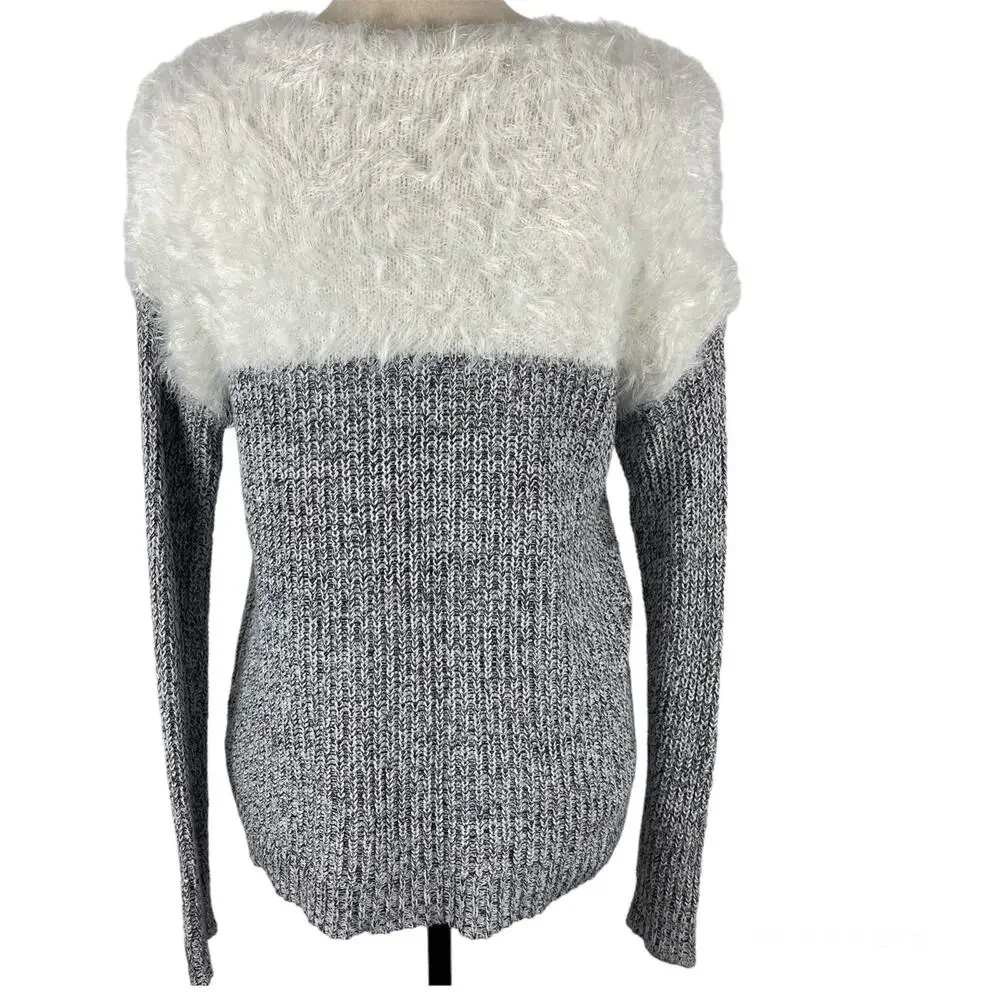 Two By Vince Camuto Sweater Eyelash Marled Knit Colorblock Gray White XS